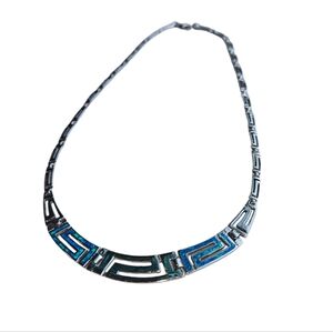 Sterling Silver 925 Fire Rainbow Blue Opal Greek Key Necklace. Size 17.1"